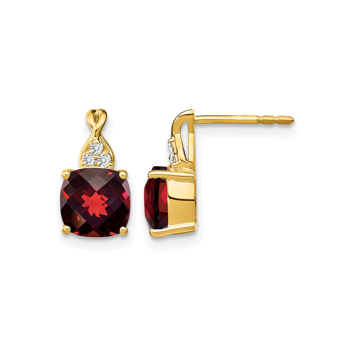 14k Yellow Gold Stud Earrings with Cushion Cut Garnet and Diamond Accents, Loop Design