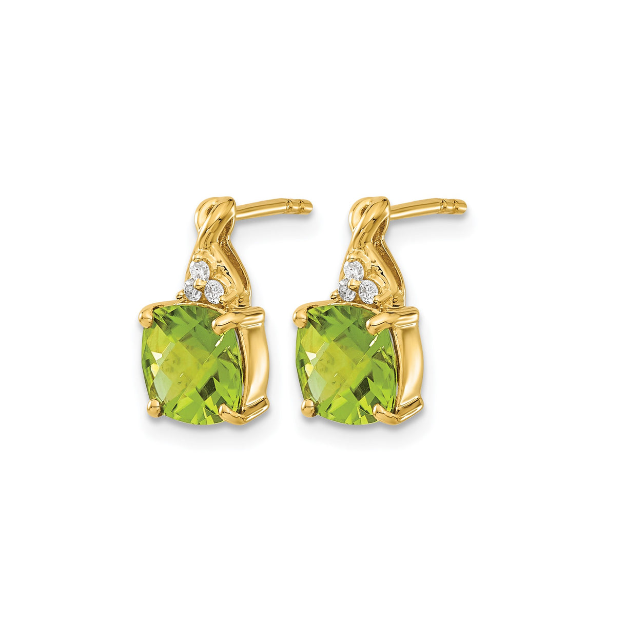 10k Yellow Gold Peridot and Diamond Stud Earrings, Cushion Cut, August Birthstone Studs