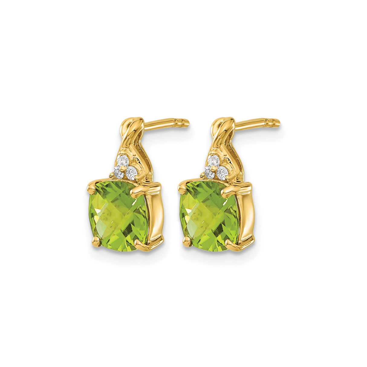 14k Yellow Gold Stud Earrings with Cushion Cut Peridot and Diamond Accents