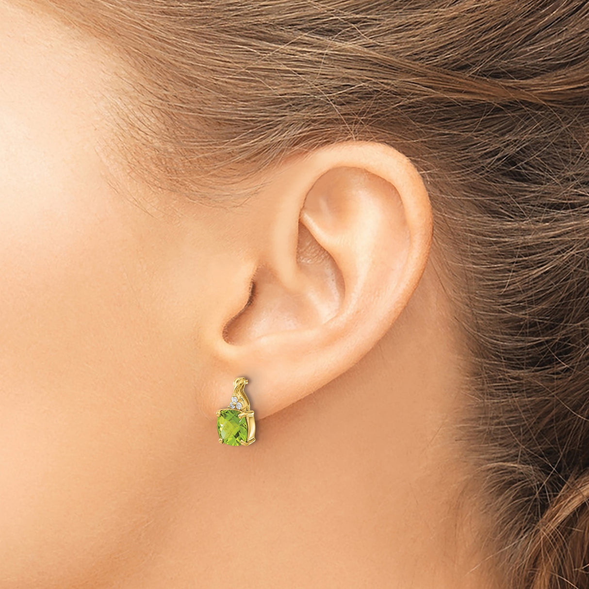 14k Yellow Gold Stud Earrings with Cushion Cut Peridot and Diamond Accents