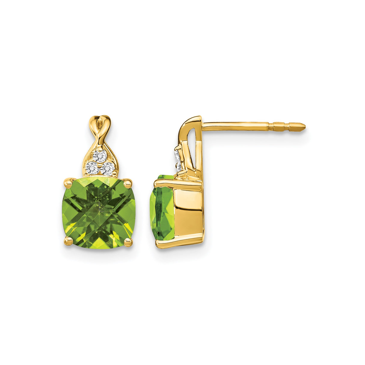 14k Yellow Gold Stud Earrings with Cushion Cut Peridot and Diamond Accents