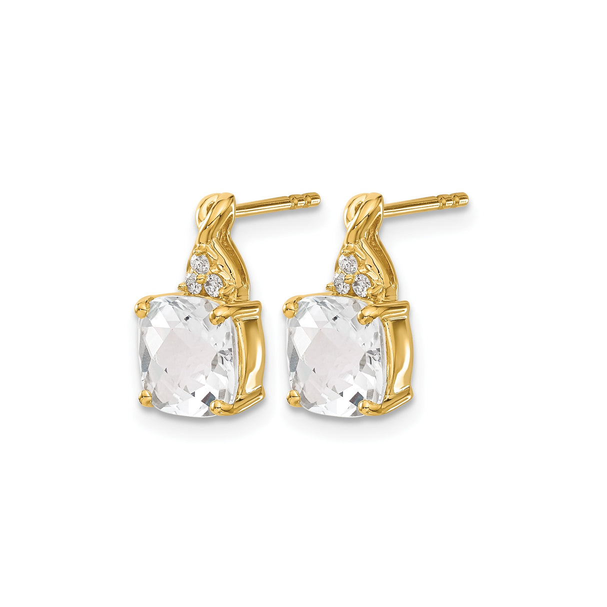 14k Yellow Gold Stud Earrings with Cushion Cut White Topaz and Diamond Accents