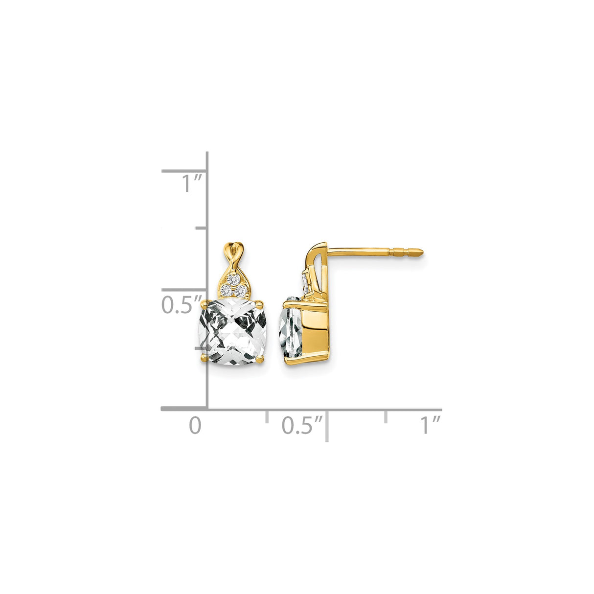 14k Yellow Gold Stud Earrings with Cushion Cut White Topaz and Diamond Accents