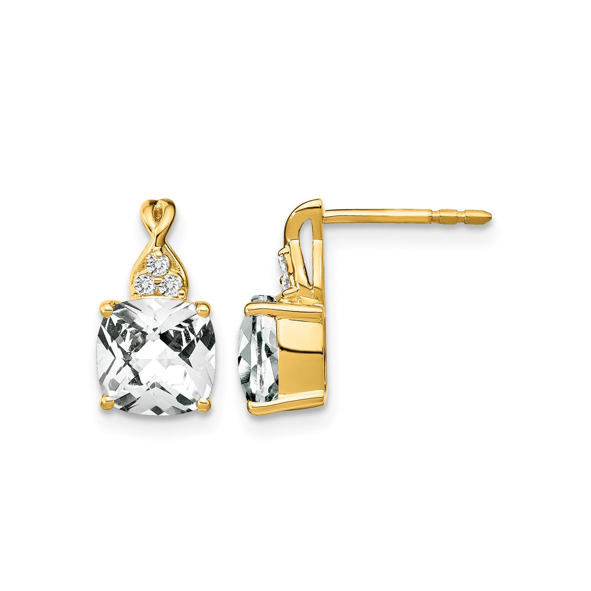 14k Yellow Gold Stud Earrings with Cushion Cut White Topaz and Diamond Accents