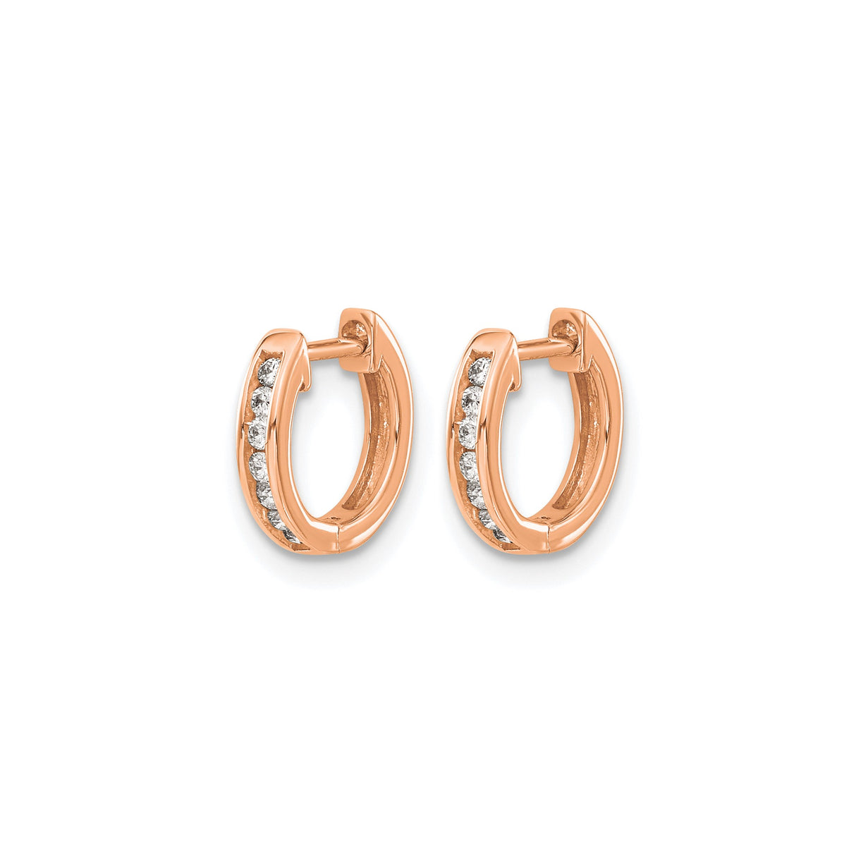 10k Rose Gold Hoop Earrings with Round Cut White Diamonds, Channel Set Huggie Style