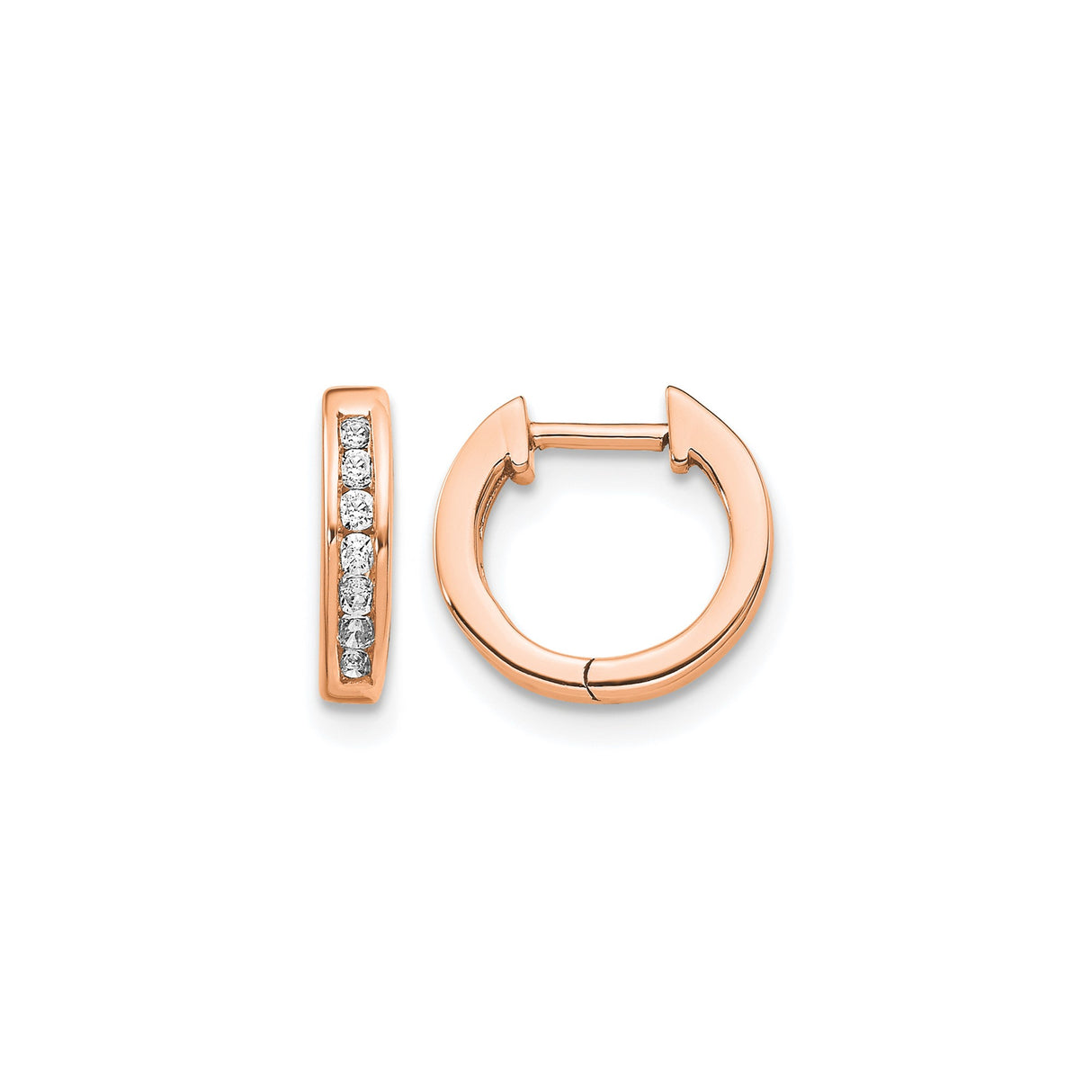 10k Rose Gold Hoop Earrings with Round Cut White Diamonds, Channel Set Huggie Style