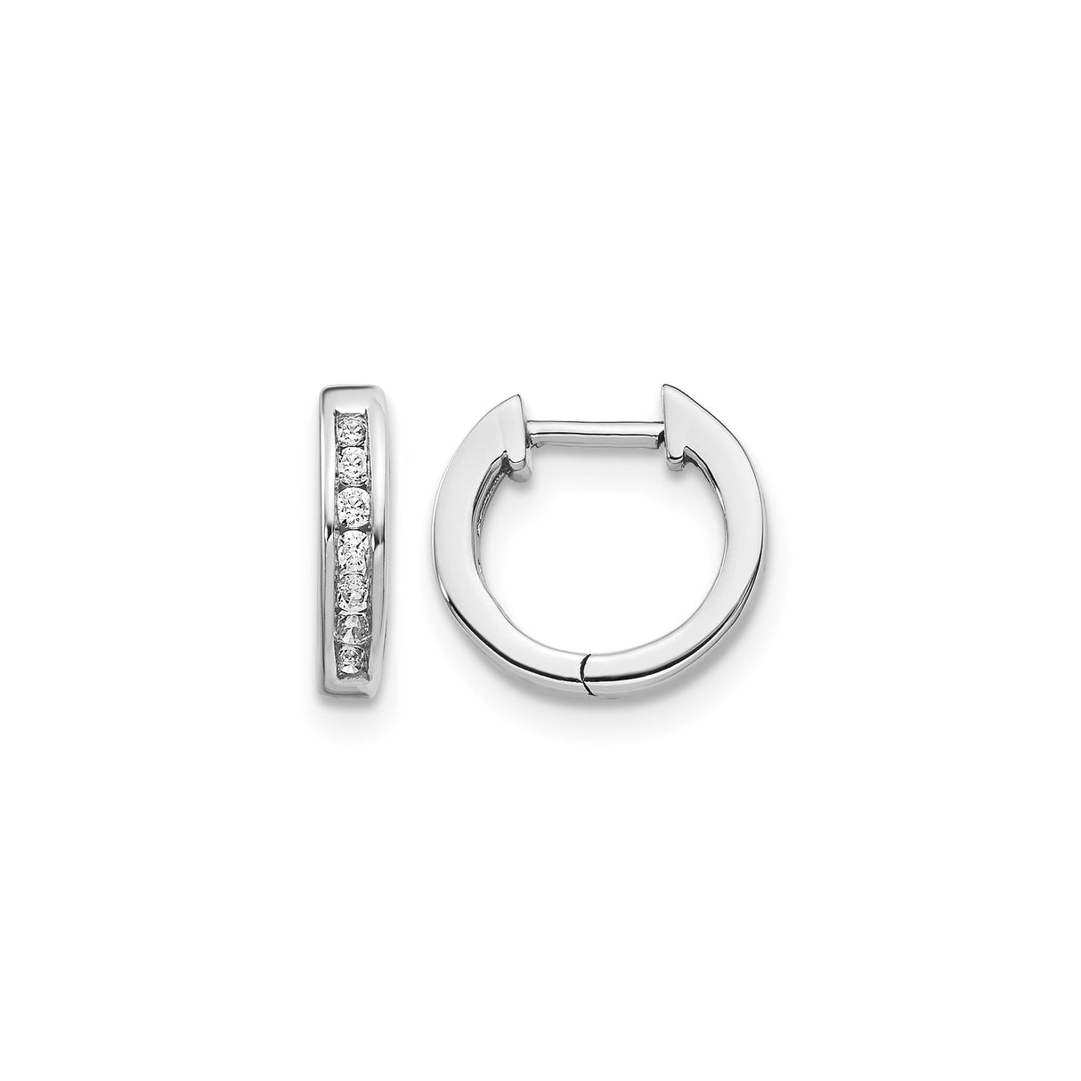 14k White Gold Huggie Hoop Earrings with Channel Set Diamonds, Hinged Closure, Modern Design