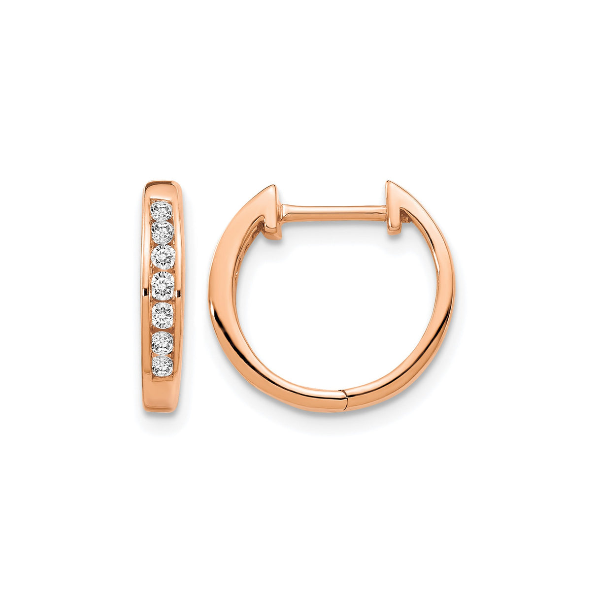 10k Rose Gold Hoop Earrings with White Round Diamonds, Minimalist Huggie Style