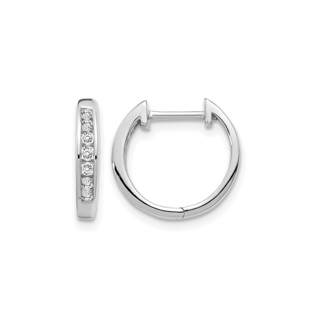 10k White Gold Huggie Earrings with Channel-Set Round Diamonds, Classic Hoop Design