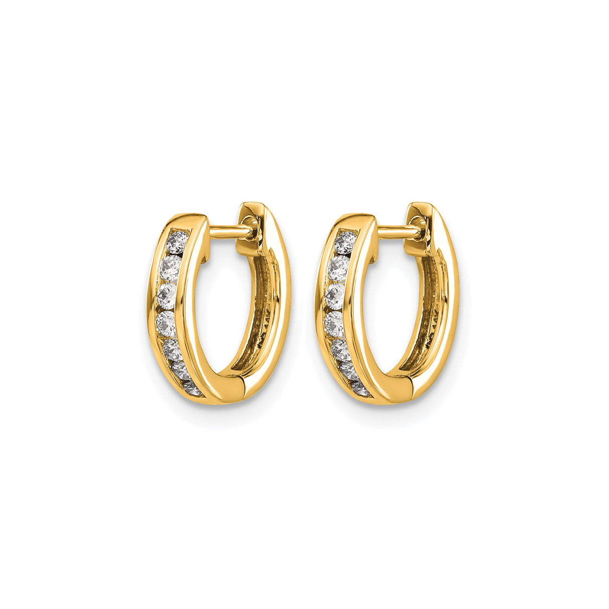 10k Yellow Gold Hoop Earrings with Round White Diamonds in Channel Setting, Polished Huggie Style