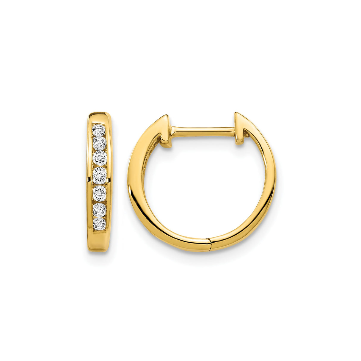 10k Yellow Gold Hoop Earrings with Round White Diamonds in Channel Setting, Polished Huggie Style