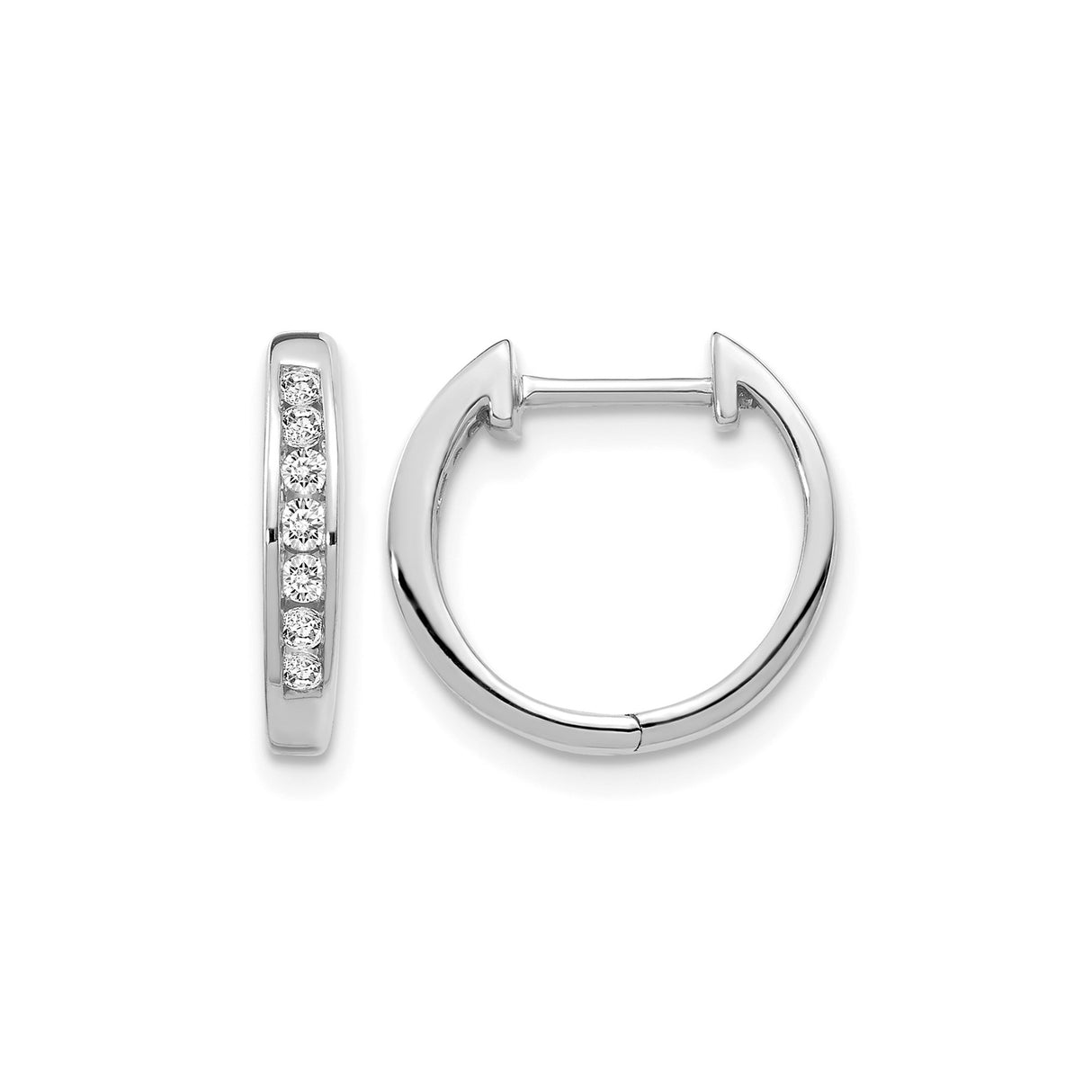 14k White Gold Diamond Hoop Earrings, Round Cut Channel Set Huggie Style for Women