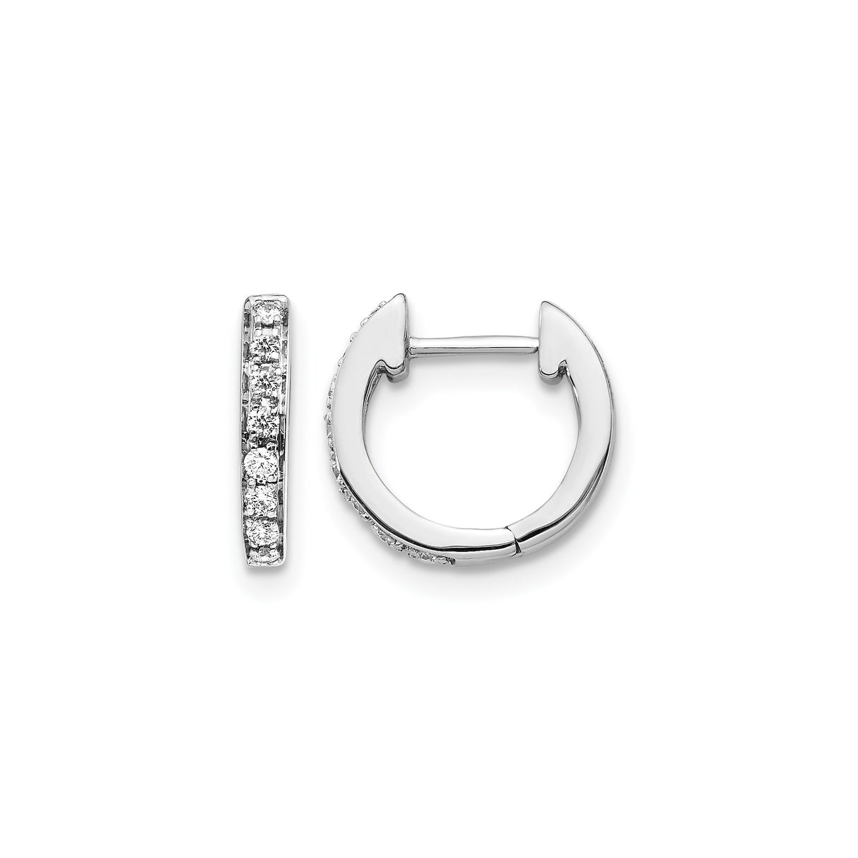 14k White Gold Huggie Hoop Earrings with Round Cut Diamonds, Polished Finish, Classic Style