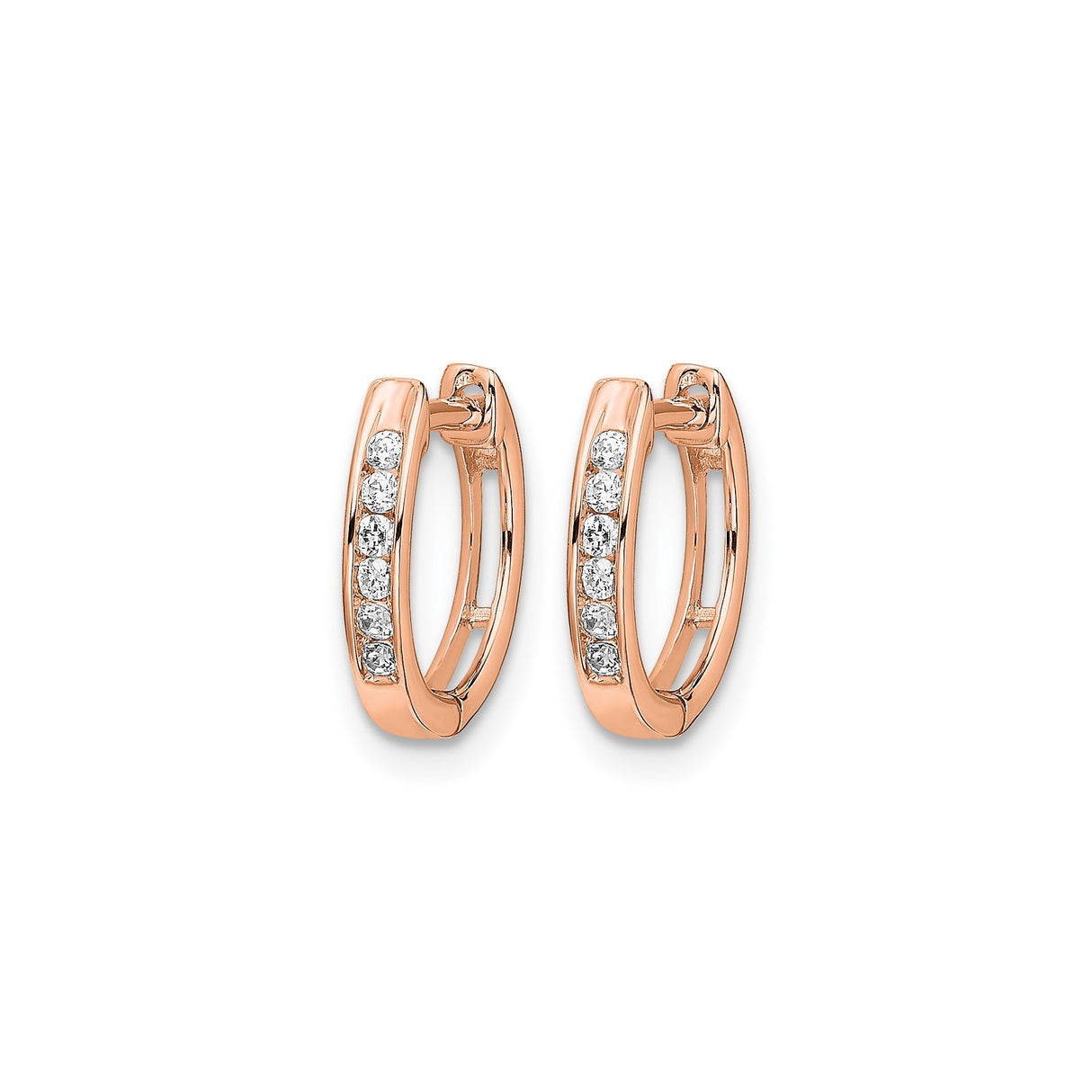 10k Rose Gold Hoop Earrings with Channel Set Round Stones, Diamond Cut Lightweight Hinged Design