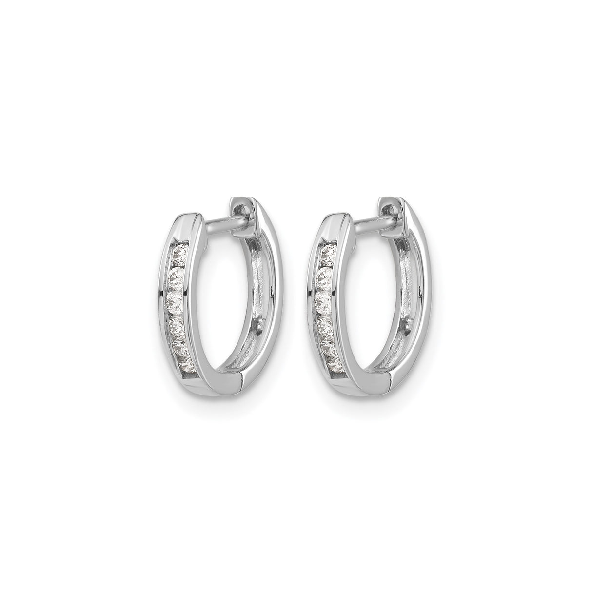 10k White Gold Hoop Earrings with Channel Set Diamonds, Polished Finish, Small Huggie Style