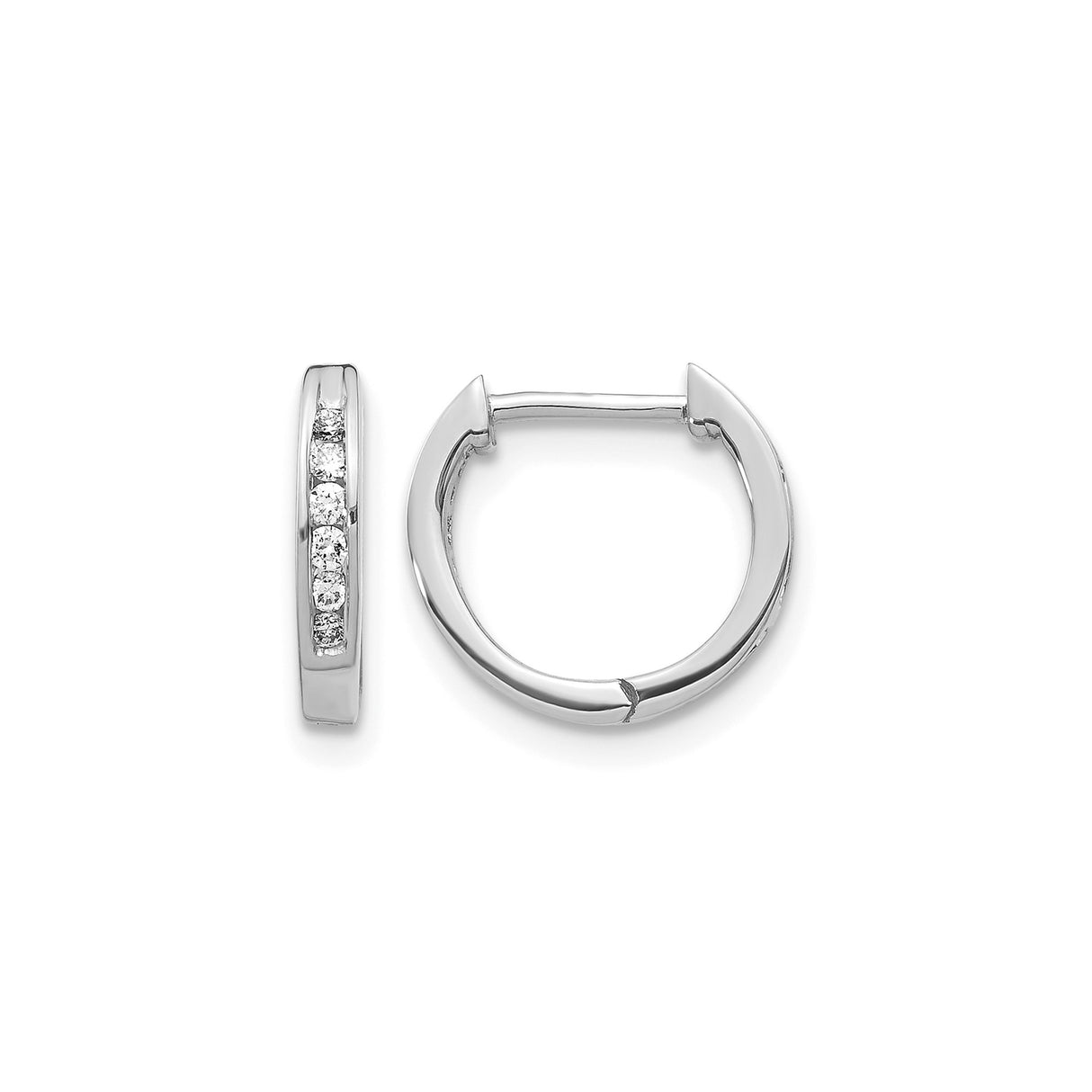 10k White Gold Hoop Earrings with Channel Set Diamonds, Polished Finish, Small Huggie Style