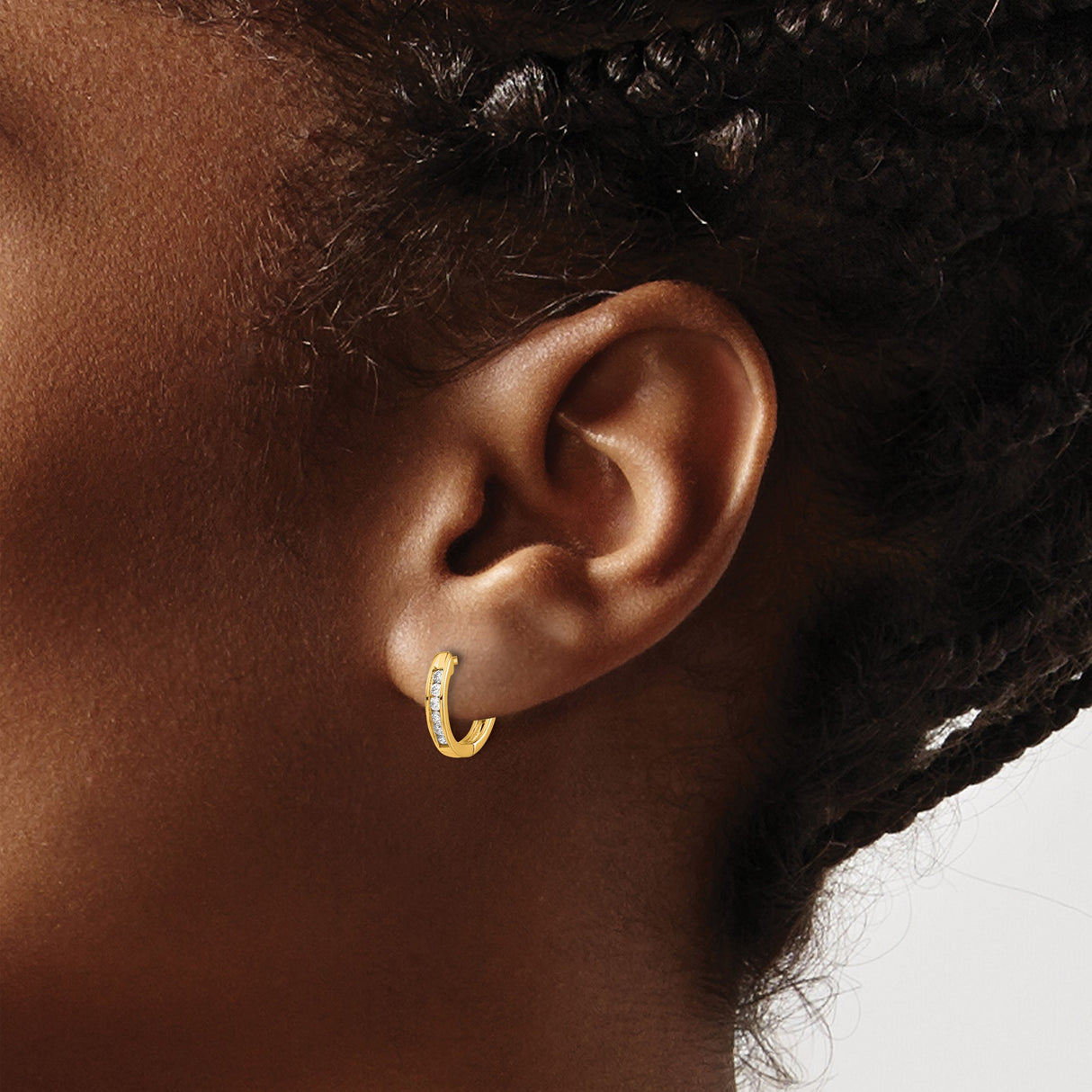 10k Yellow Gold Huggie Hoop Earrings with Round White Diamonds, Channel Set Polished Hoops for Women