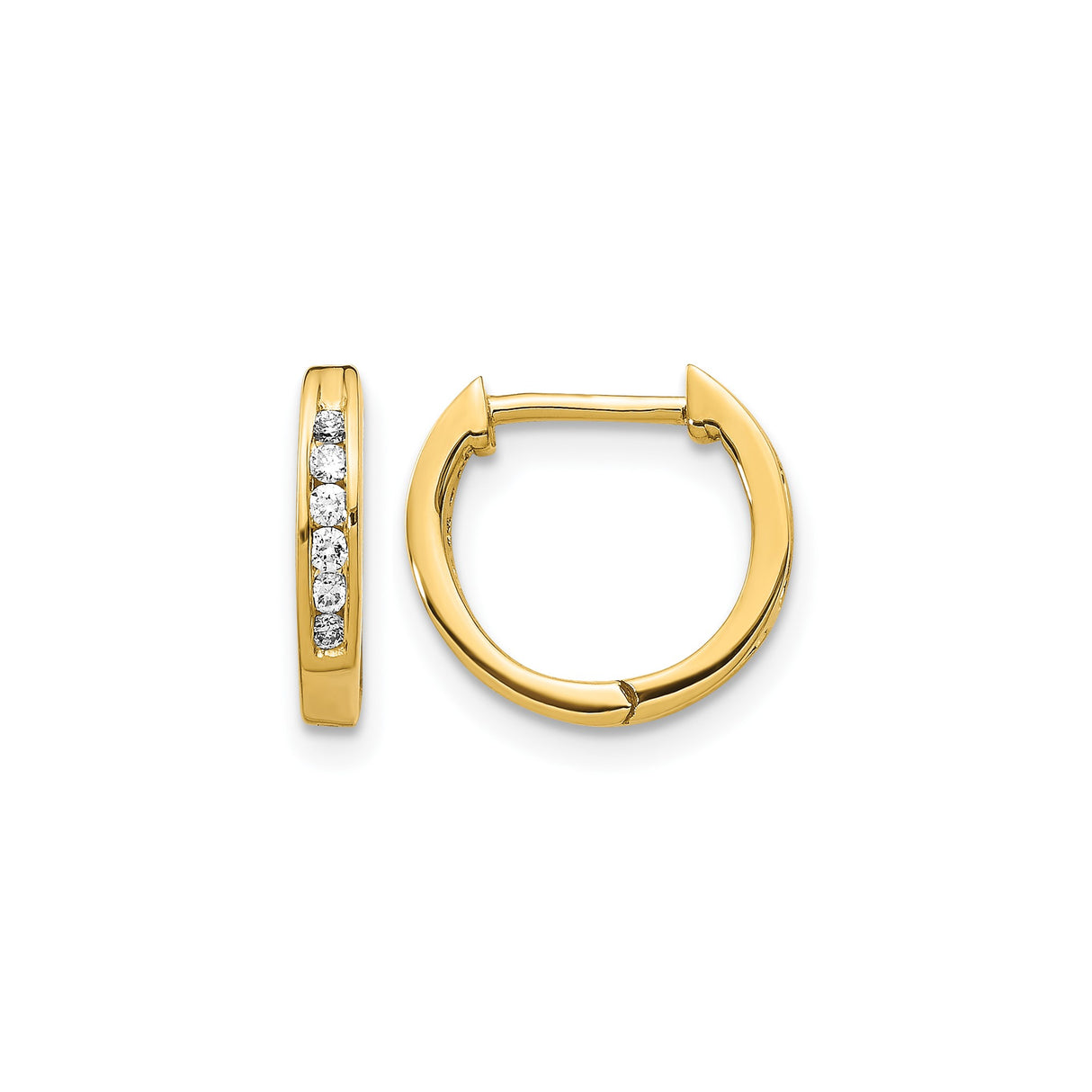 10k Yellow Gold Huggie Hoop Earrings with Round White Diamonds, Channel Set Polished Hoops for Women