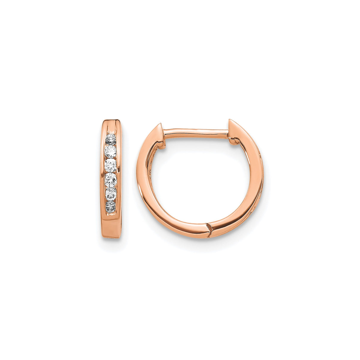 14k Rose Gold Huggie Earrings with Channel Set Diamonds, Minimal Small Hoop Design