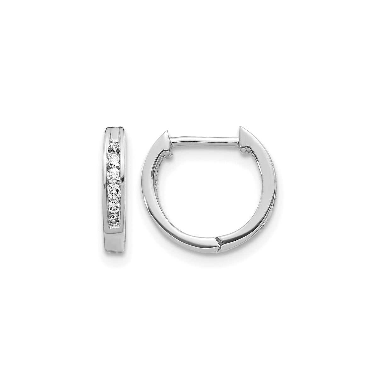 14k White Gold Diamond Hoop Earrings, Channel Set Round Cut, Huggie Style for Women