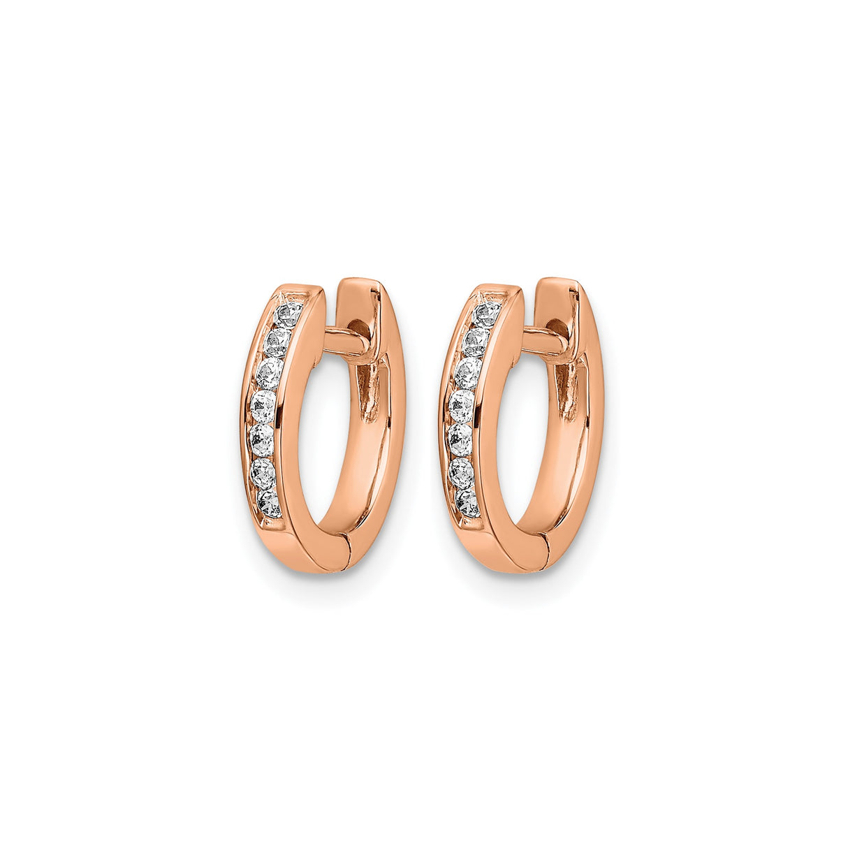 10k Rose Gold Hoop Earrings with Round White Diamonds, Small Hinged Minimalist Design for Women