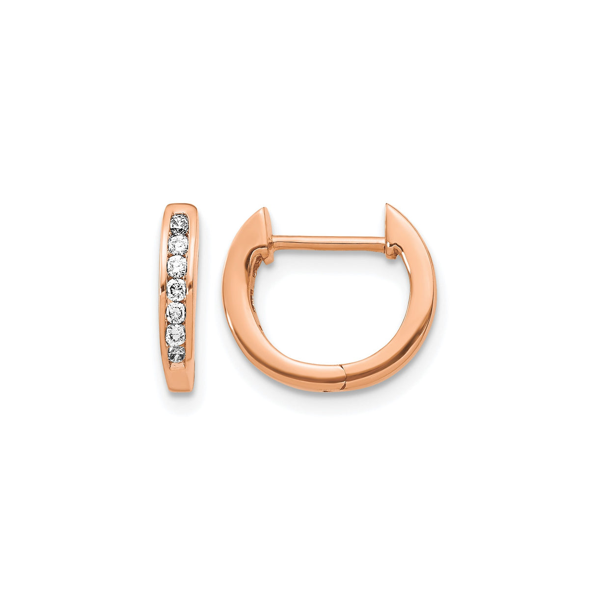 10k Rose Gold Hoop Earrings with Round White Diamonds, Small Hinged Minimalist Design for Women