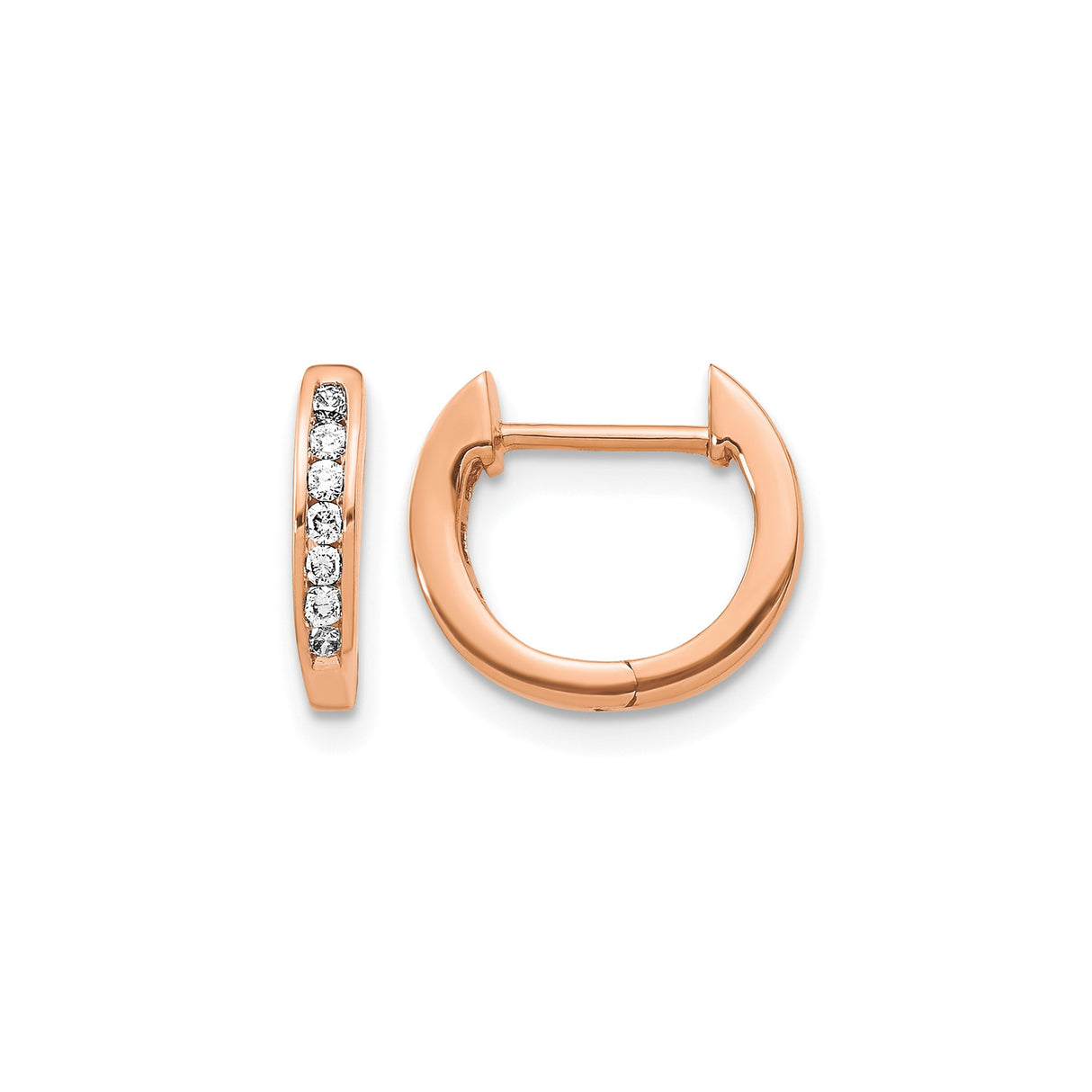 14k Rose Gold Huggie Hoop Earrings with Round Cut Diamonds, Modern Minimalist Design