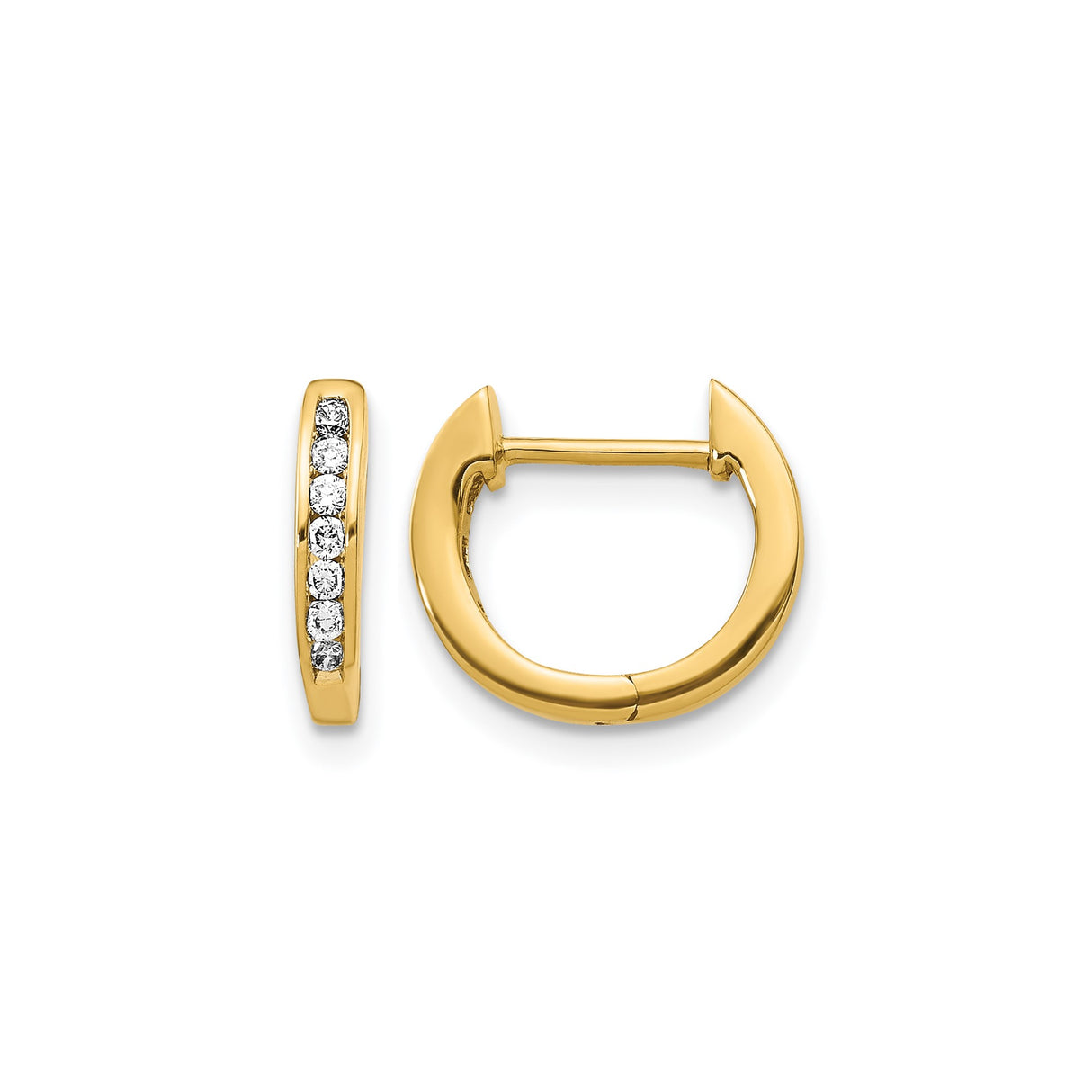 14k Yellow Gold Hoop Earrings with Round Cut Diamonds in Channel Setting, Small Huggies for Women