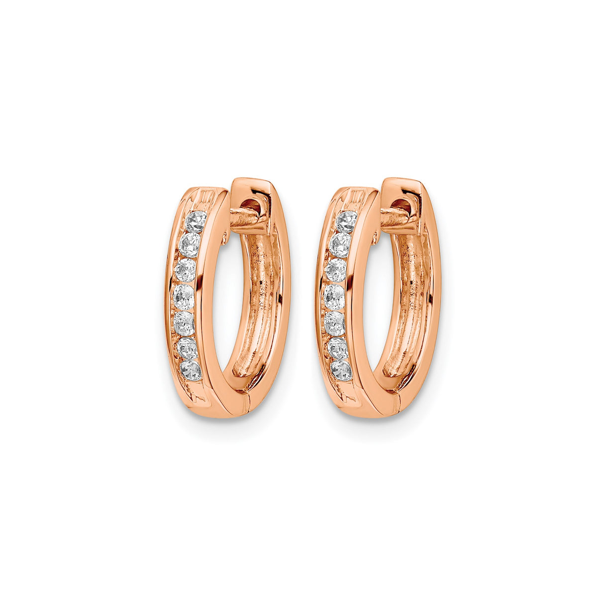 10k Rose Gold Huggie Hoop Earrings with Channel Set Round White Diamonds