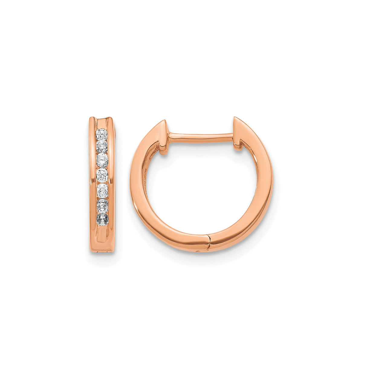 10k Rose Gold Huggie Hoop Earrings with Channel Set Round White Diamonds