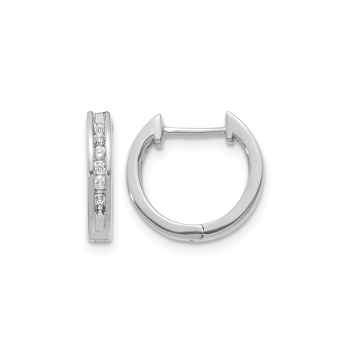 10k White Gold Hoop Earrings with Channel-Set Diamonds, Polished Huggie Style for Women