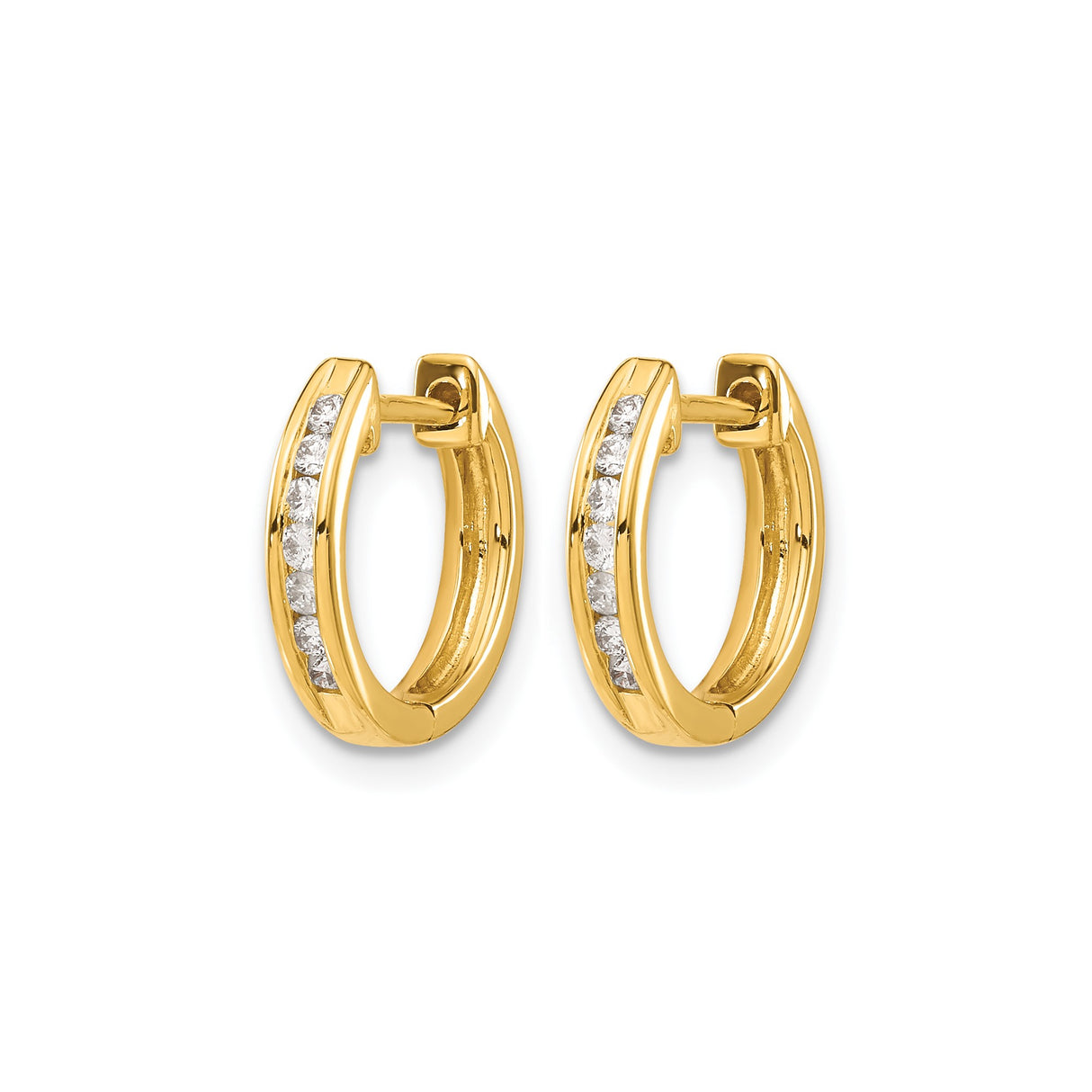 10k Yellow Gold Hoop Earrings with Channel Set Round White Diamonds, Polished Finish