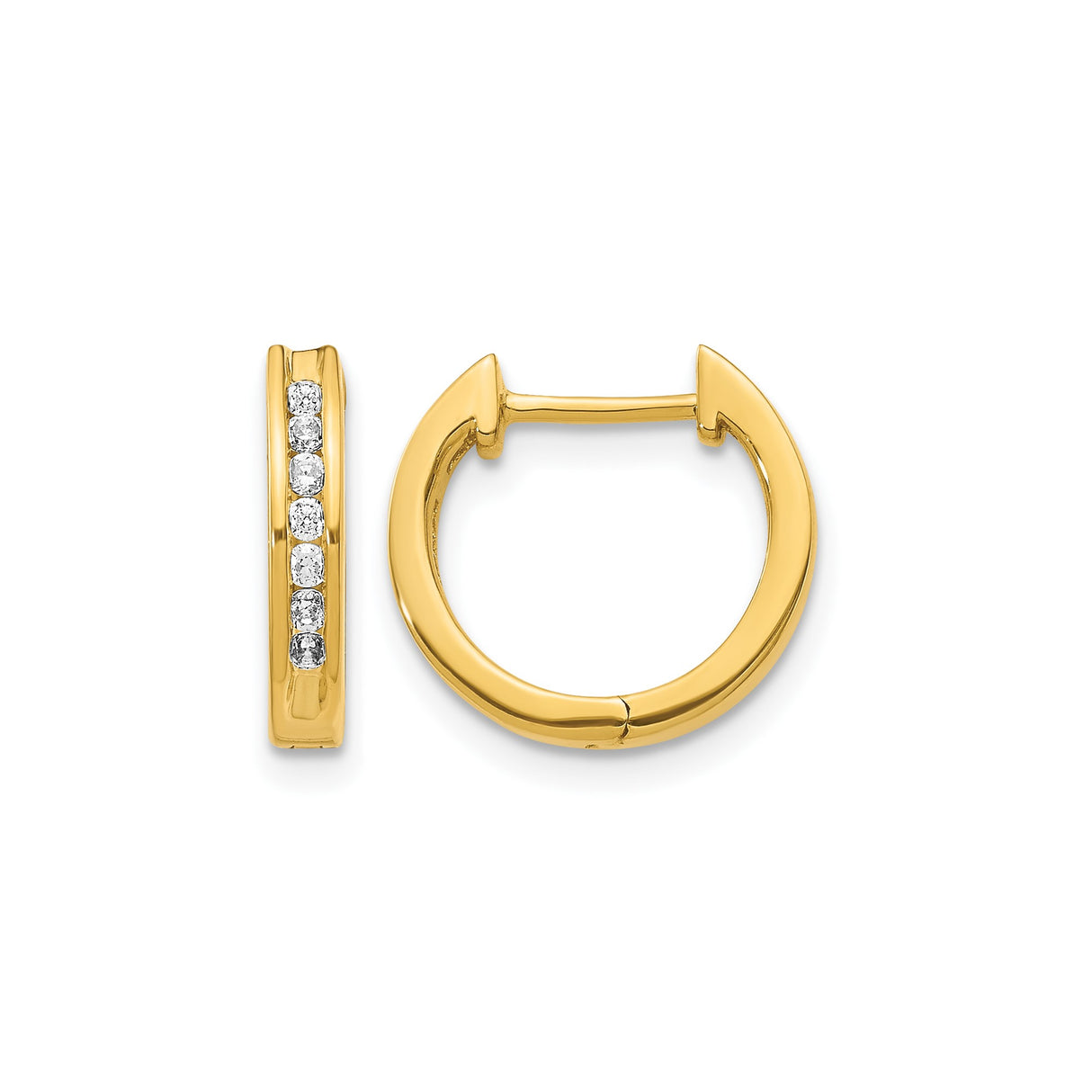 10k Yellow Gold Hoop Earrings with Channel Set Round White Diamonds, Polished Finish