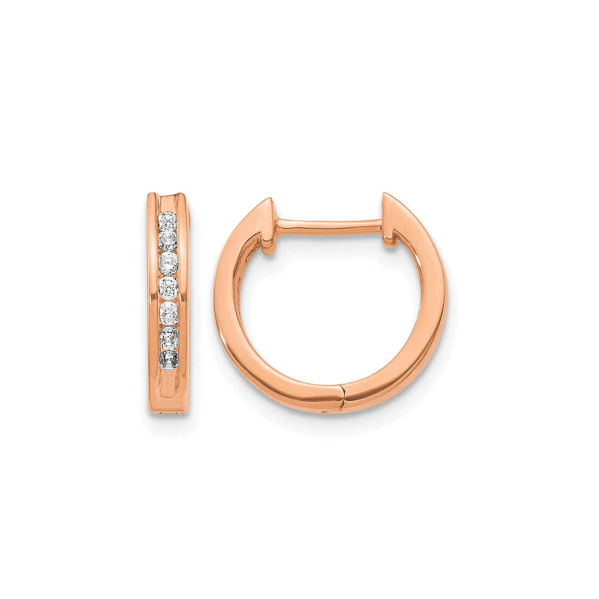 14k Rose Gold Hoop Earrings with Round Cut Diamonds, Channel Setting, Minimalist Design