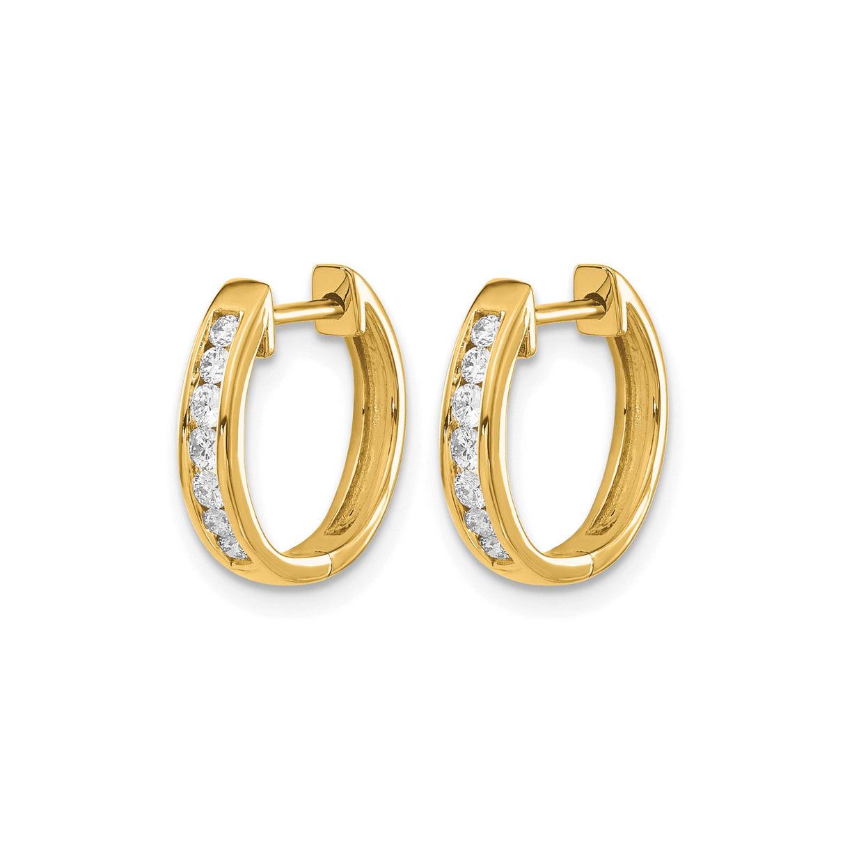 10k Yellow Gold Hoop Earrings with Channel Set Round White Gemstones, Hinged Closure, Lightweight Design