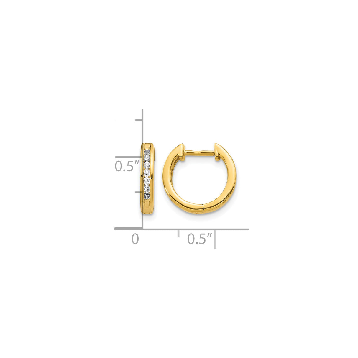 10k Yellow Gold Hoop Earrings with Channel Set Round White Gemstones, Hinged Closure, Lightweight Design