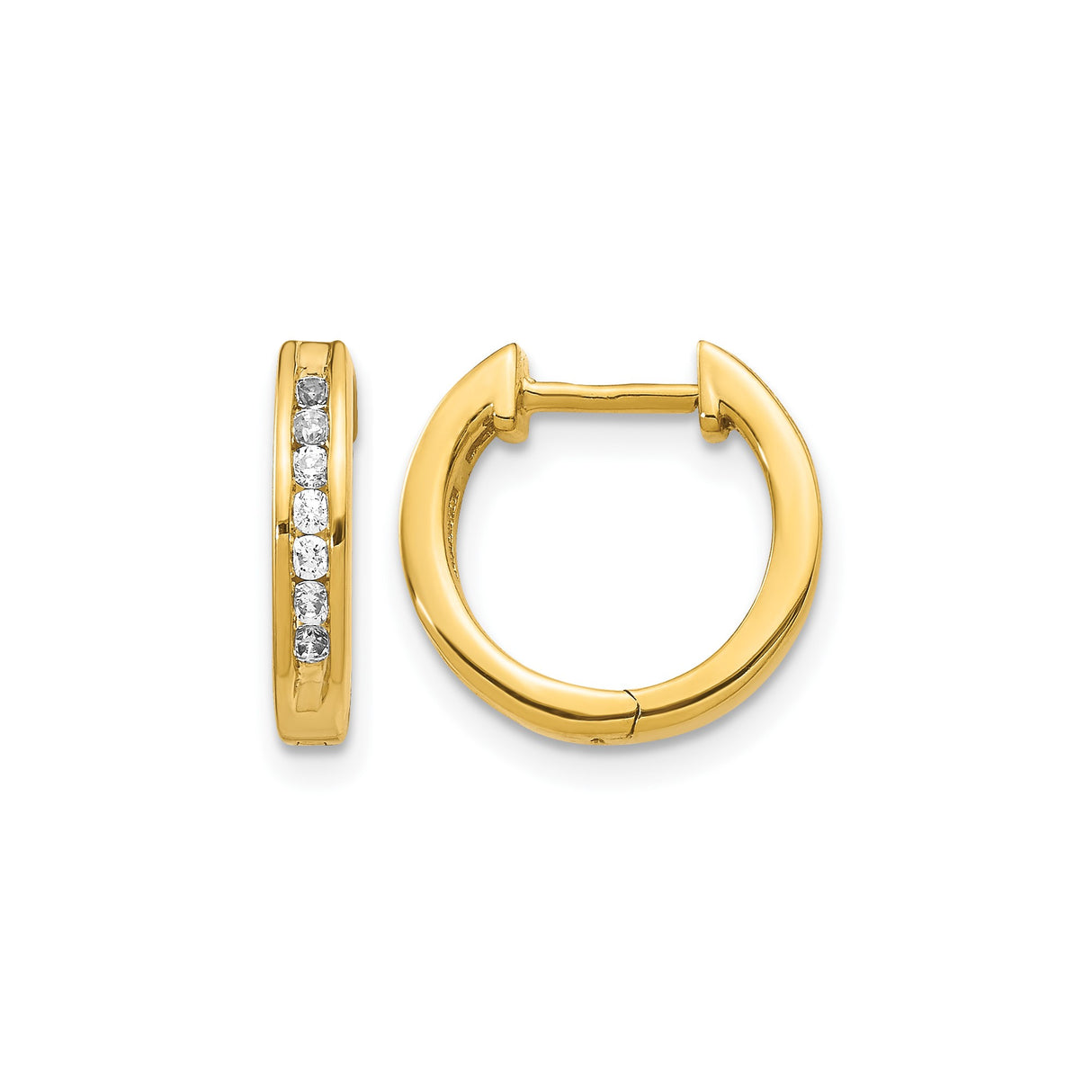10k Yellow Gold Hoop Earrings with Channel Set Round White Gemstones, Hinged Closure, Lightweight Design