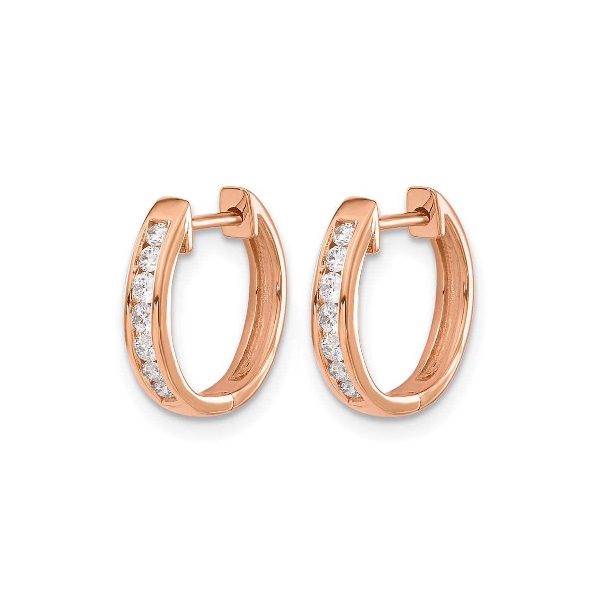 14k Rose Gold Hoop Earrings with Channel Set Round Diamonds, Hinged Huggie Style