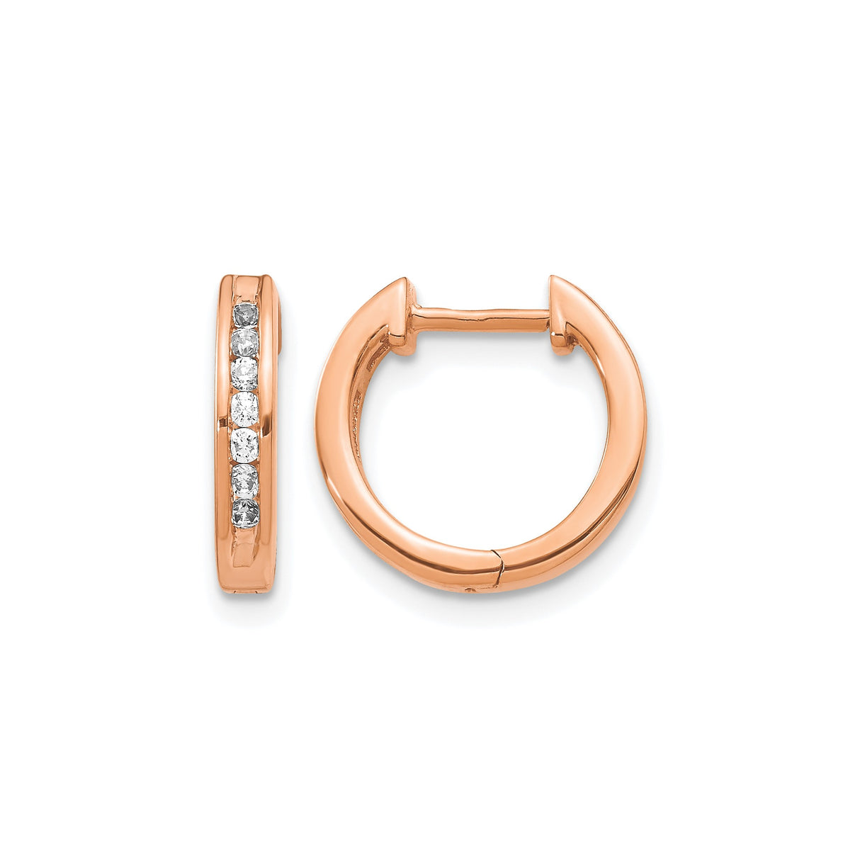 14k Rose Gold Hoop Earrings with Channel Set Round Diamonds, Hinged Huggie Style