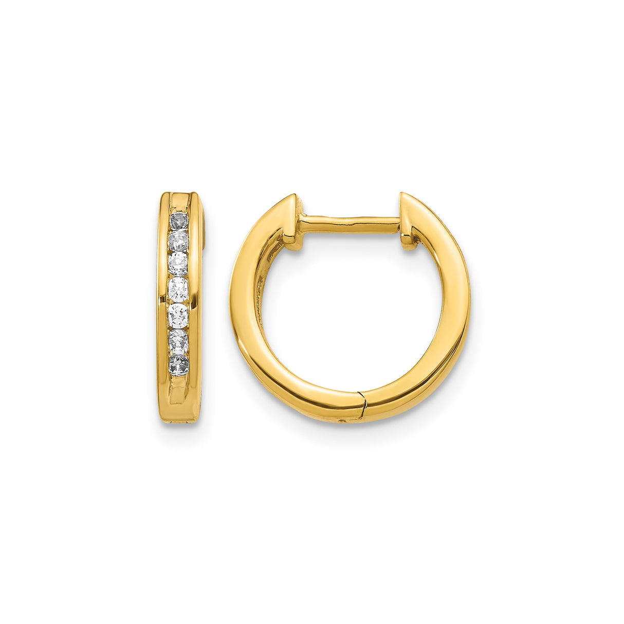 14k Yellow Gold Huggie Hoop Earrings with Channel Set Round Diamonds, Minimalist Design