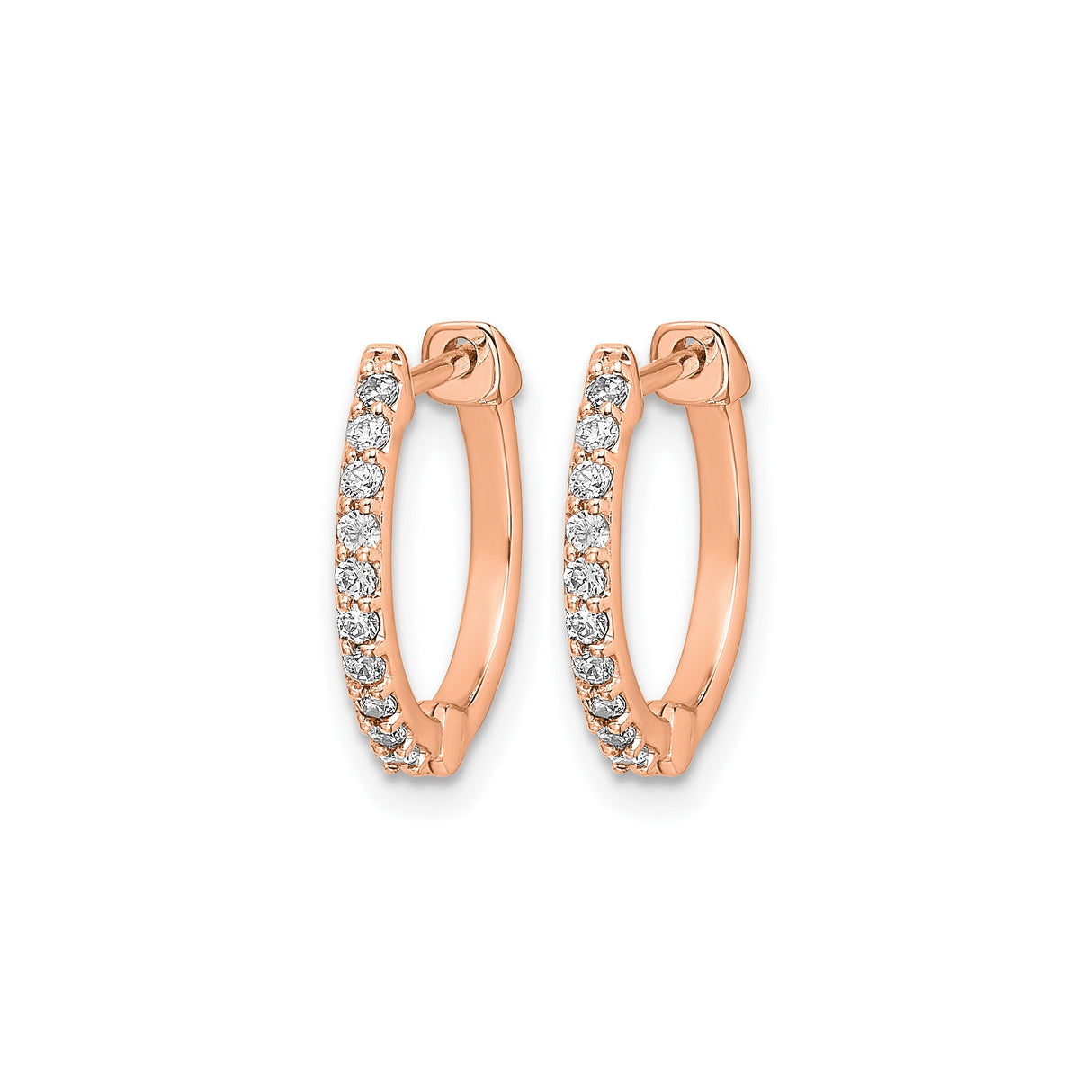 10k Rose Gold Hoop Earrings with Round White Diamonds in Pavé Setting, Hinged Huggie Style