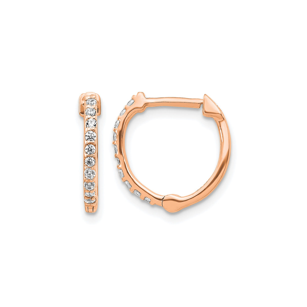 10k Rose Gold Hoop Earrings with Round White Diamonds in Pavé Setting, Hinged Huggie Style