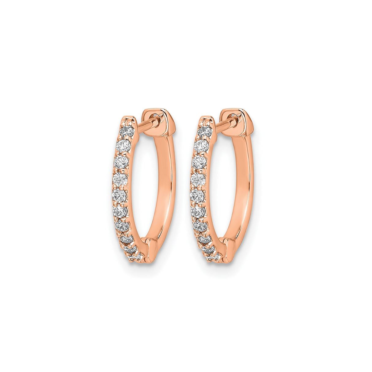 14k Rose Gold Hoop Earrings with White Round Diamonds, Prong Setting, Hinged Clasp Design