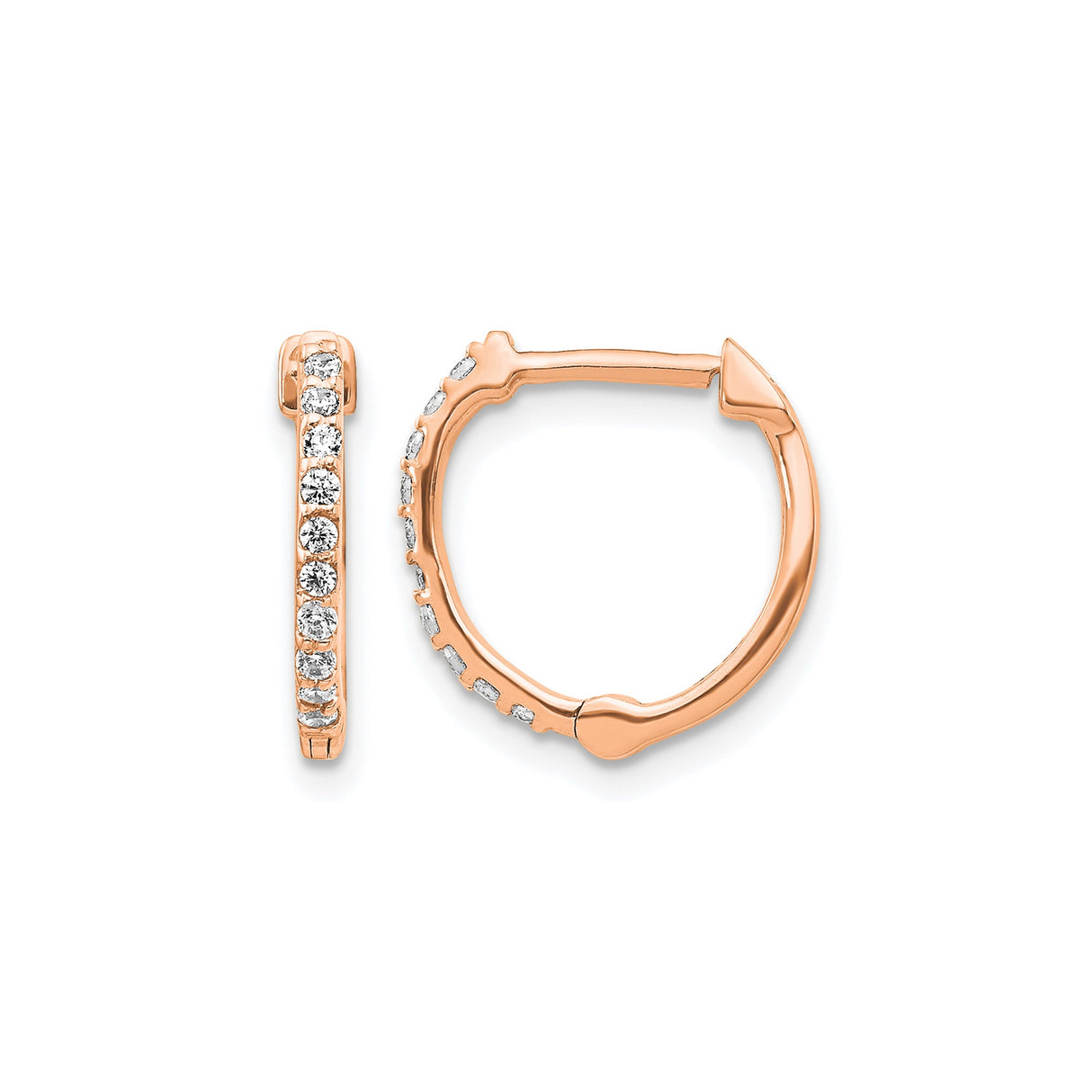 14k Rose Gold Hoop Earrings with White Round Diamonds, Prong Setting, Hinged Clasp Design