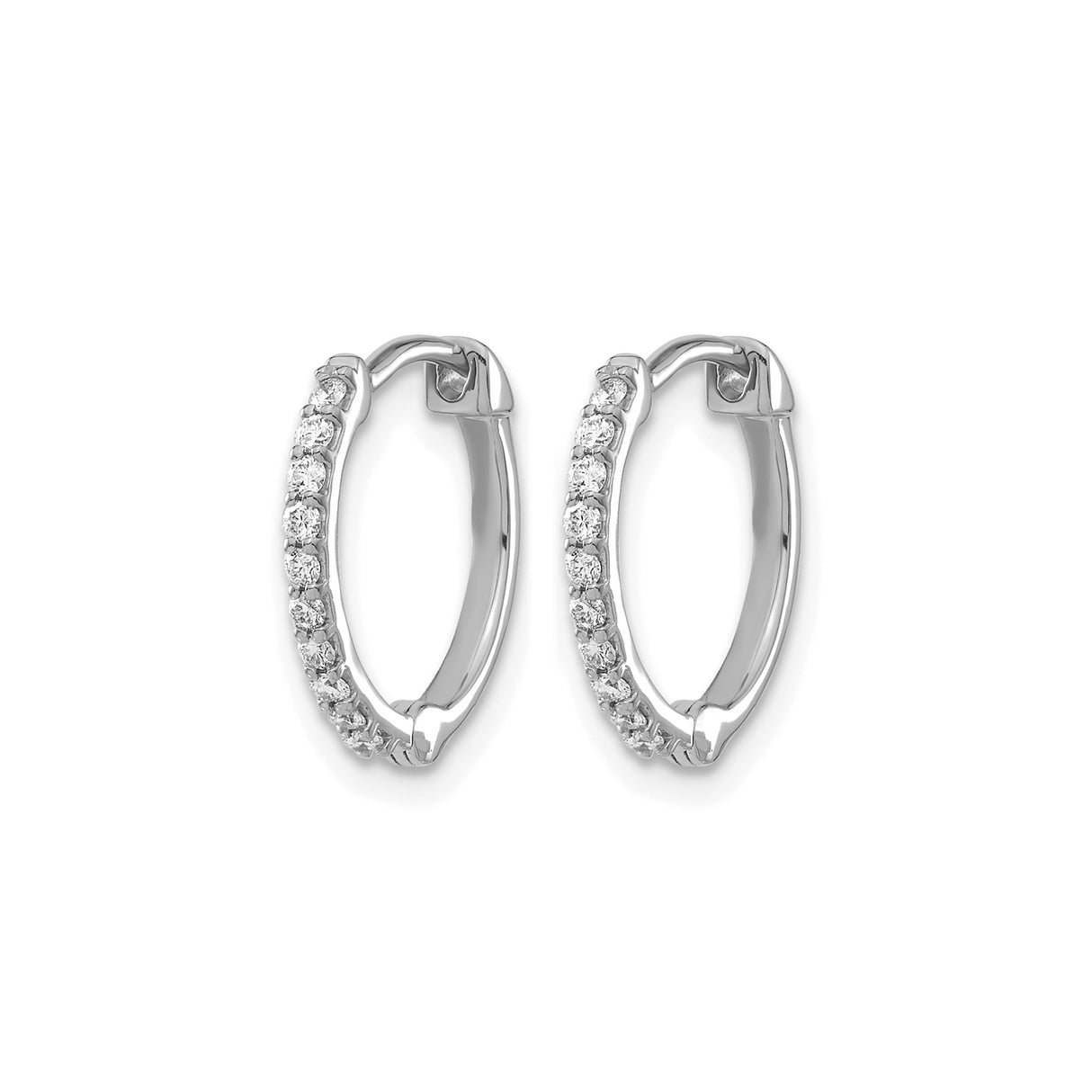 14k White Gold Hoop Earrings with Round Cut Diamonds, Pavé Setting, Hinged Closure