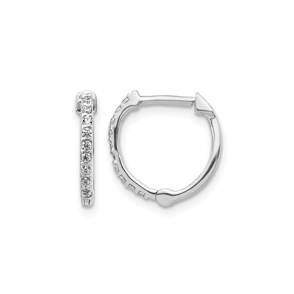 14k White Gold Hoop Earrings with Round Cut Cubic Zirconia, Pavé Setting, Hinged Closure