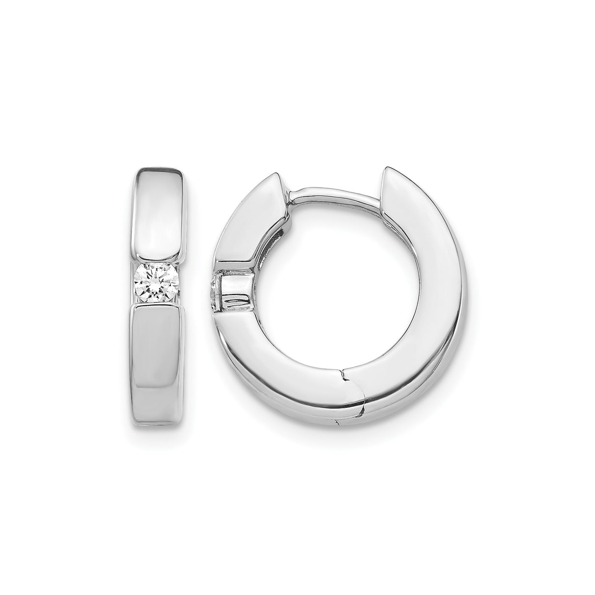14k White Gold Diamond Huggie Hoop Earrings, Modern Minimalist Polished Design for Women