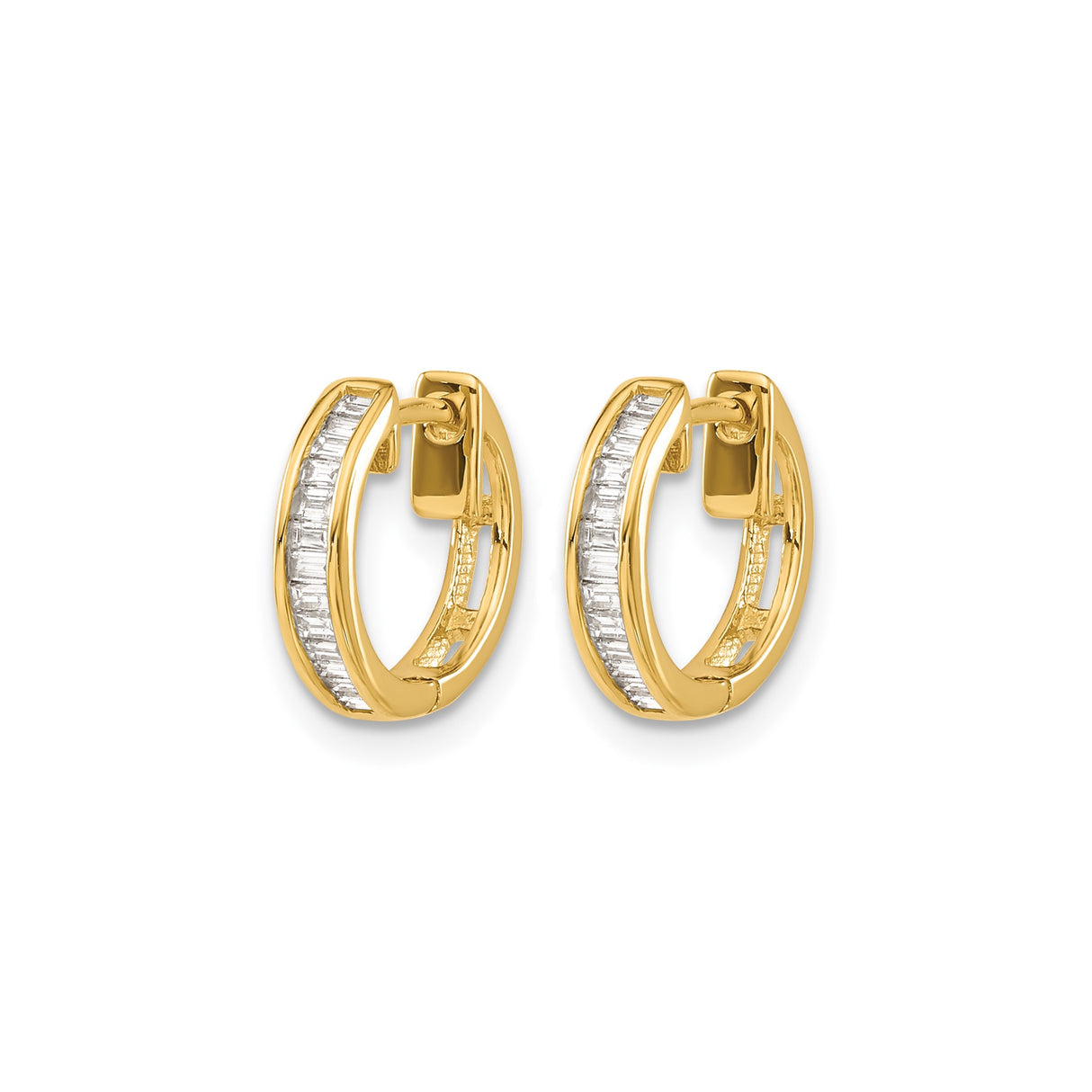 10k Yellow Gold Huggie Hoop Earrings with Clear Baguette Cut Stones, Minimalist Everyday Style