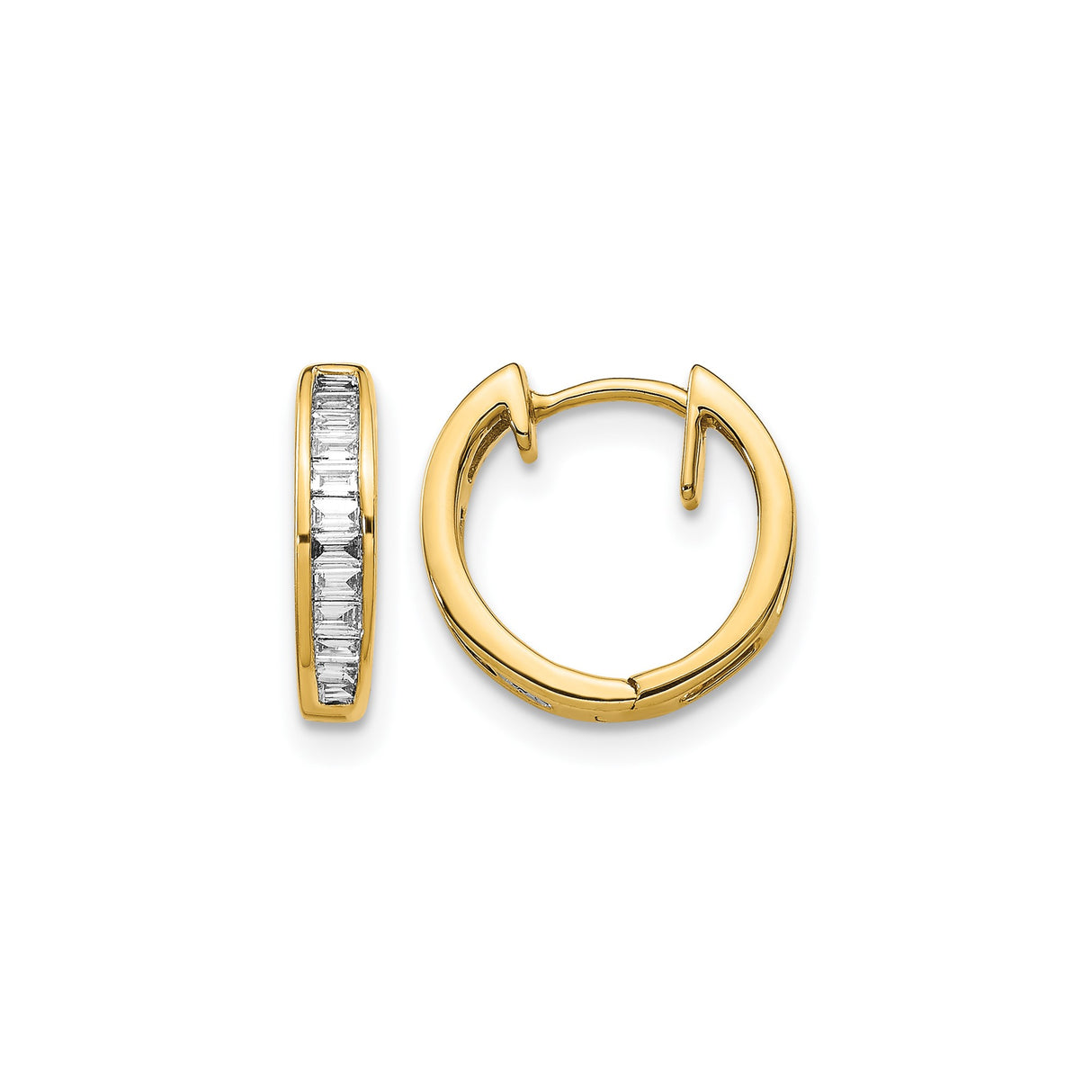 10k Yellow Gold Huggie Hoop Earrings with Clear Baguette Cut Stones, Minimalist Everyday Style