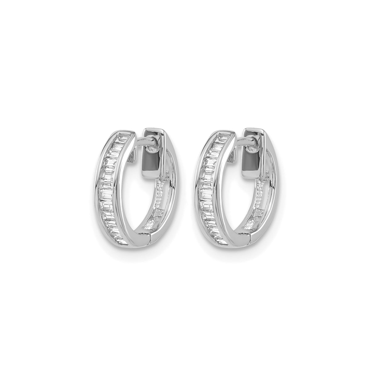14k White Gold Hoop Earrings with Channel Set Baguette Diamonds, Polished Finish